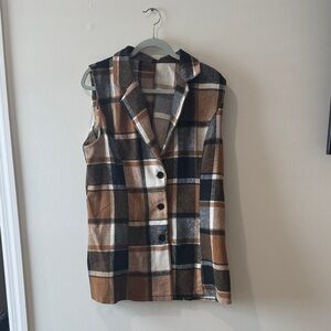 Plaid Sleeveless Jacket vest - Brown, Black, White